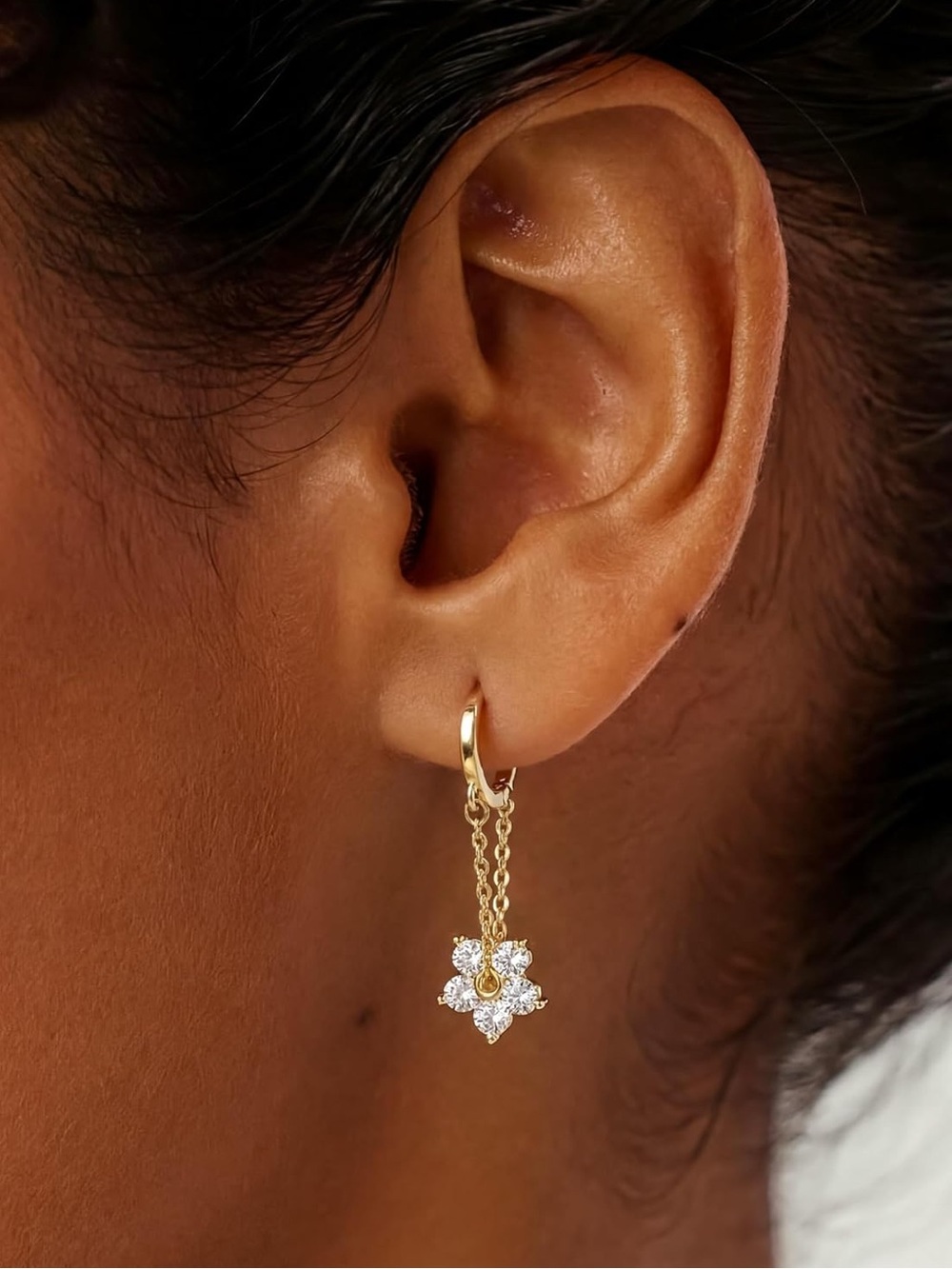 MUMREUES 14K Gold Plated Flower Dangle Earrings Small Hoop Huggie Drop